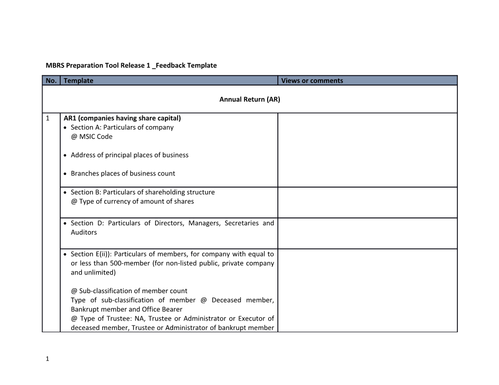 MBRS Preparation Tool Release 1 Feedback Template