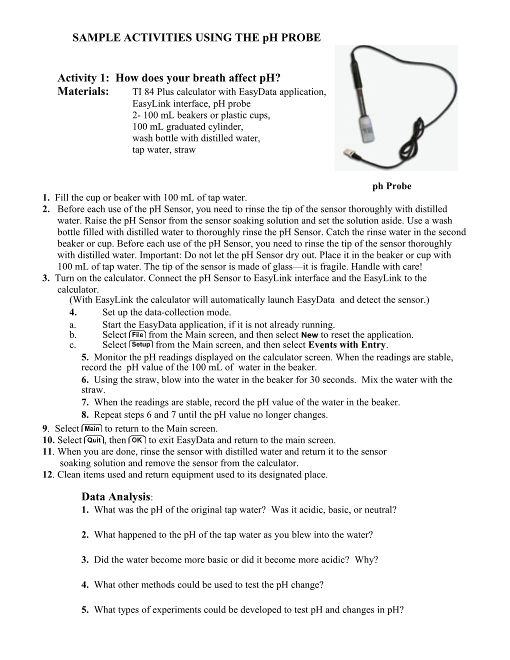 SAMPLE ACTIVITIES USING the Ph PROBE