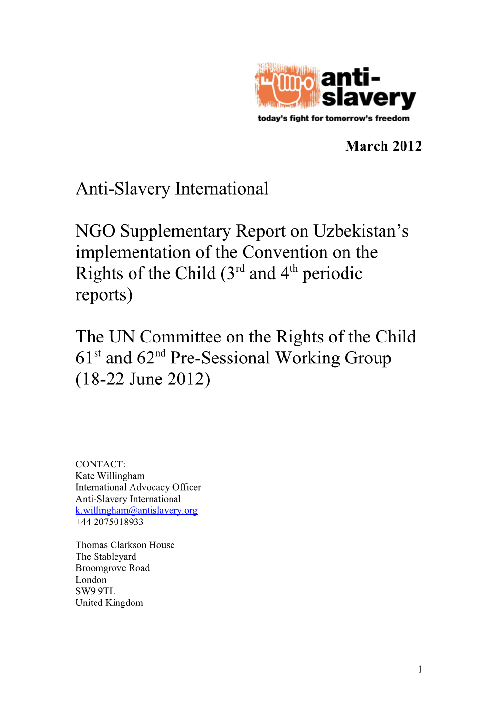Anti-Slavery International Submission to the UN Committee on the Rights of the Child Uzbekistan