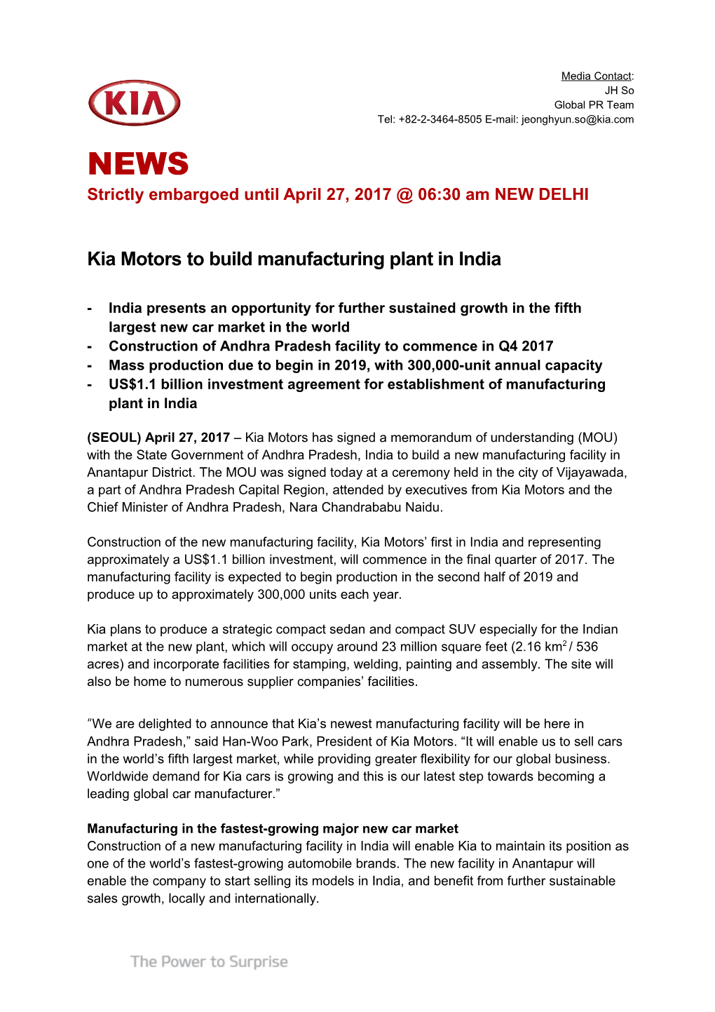 Kia Motors to Build Manufacturing Plant in India