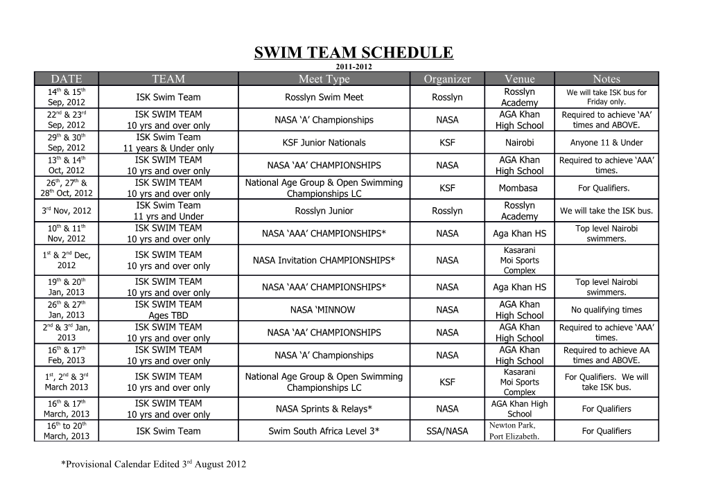 Swim Team Schedule