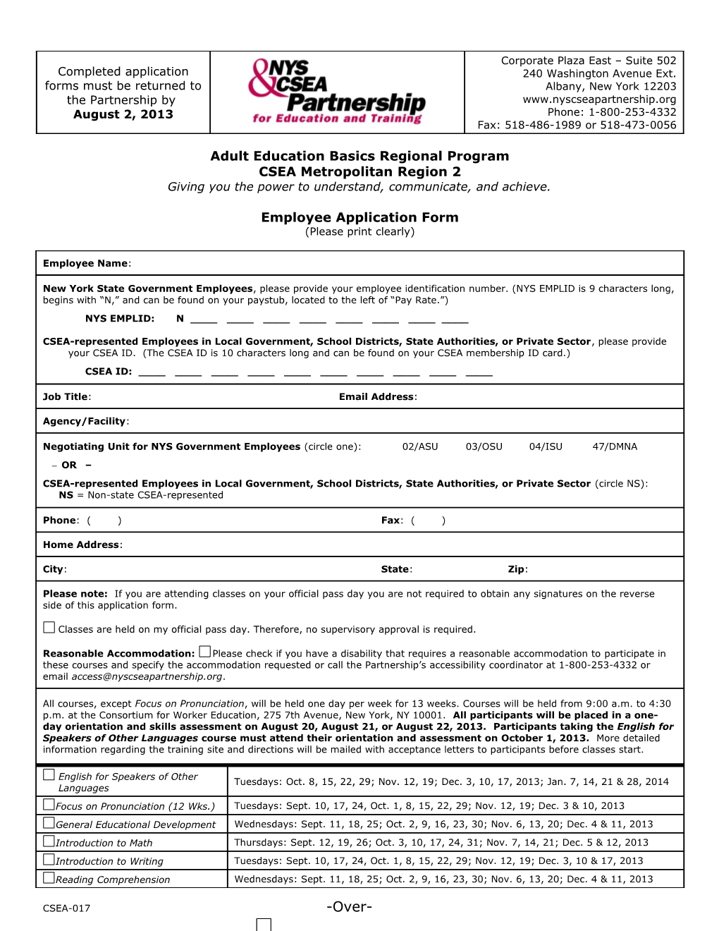 Completed Registration Forms Must Be Returned to the Partnership by December 29, 2008