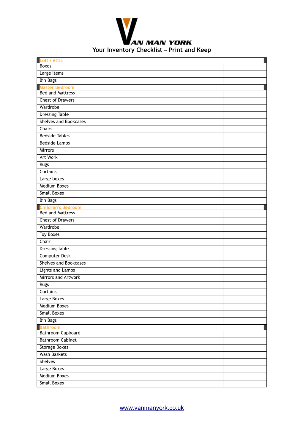 Your Inventory Checklist Print and Keep