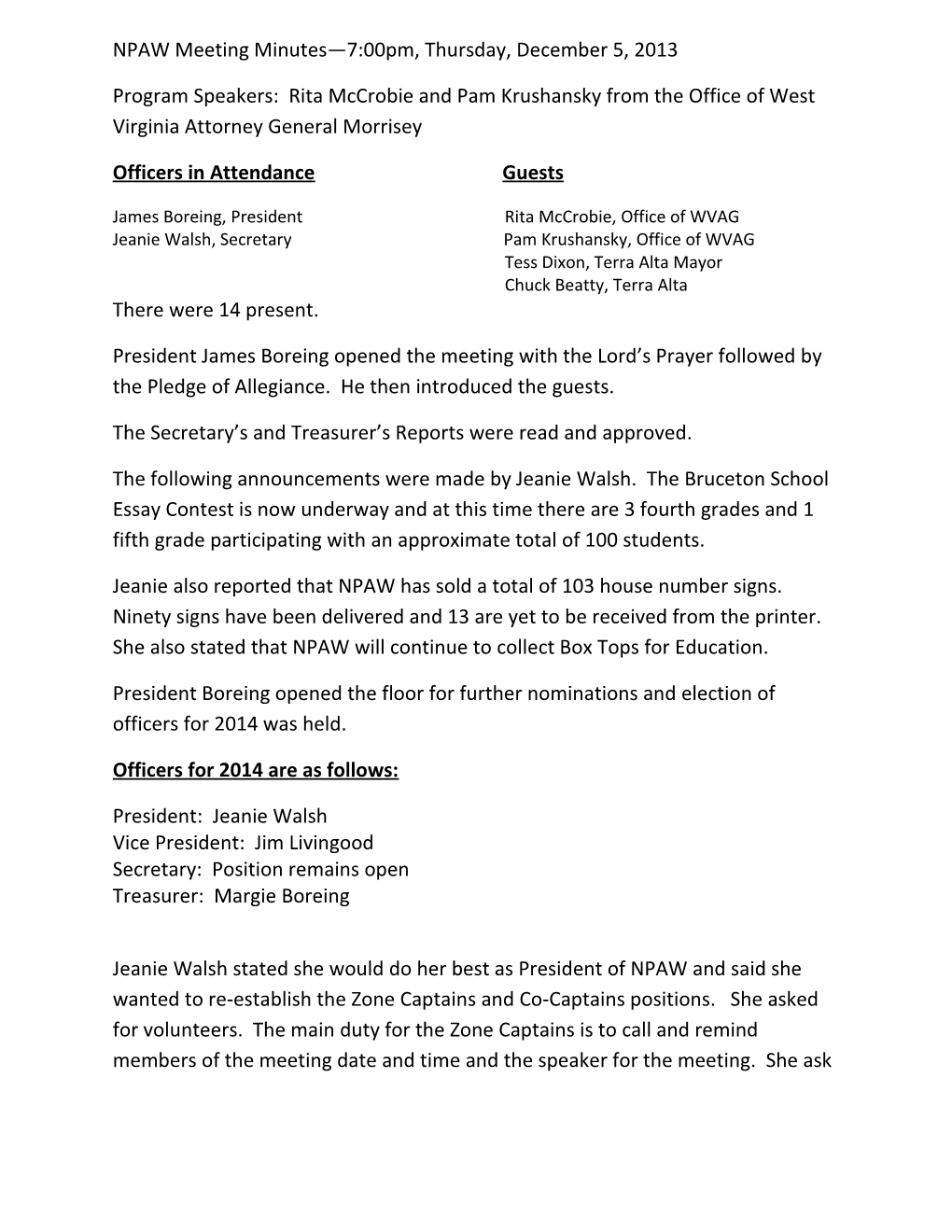 NPAW Meeting Minutes 7:00Pm, Thursday, December 5, 2013