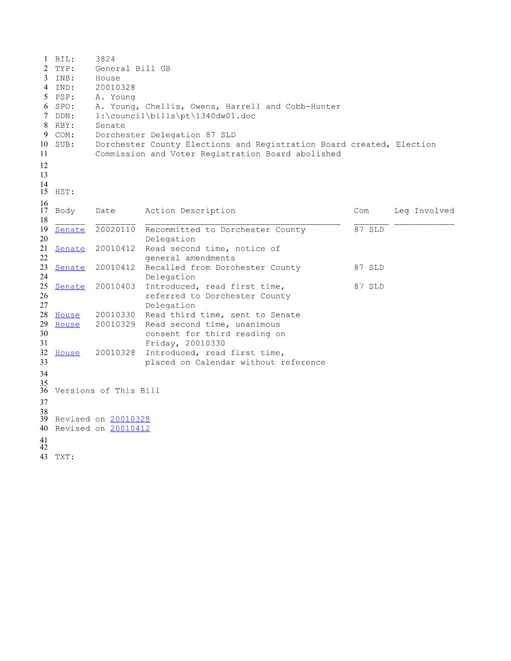 2001-2002 Bill 3824: Dorchester County Elections and Registration Board Created, Election