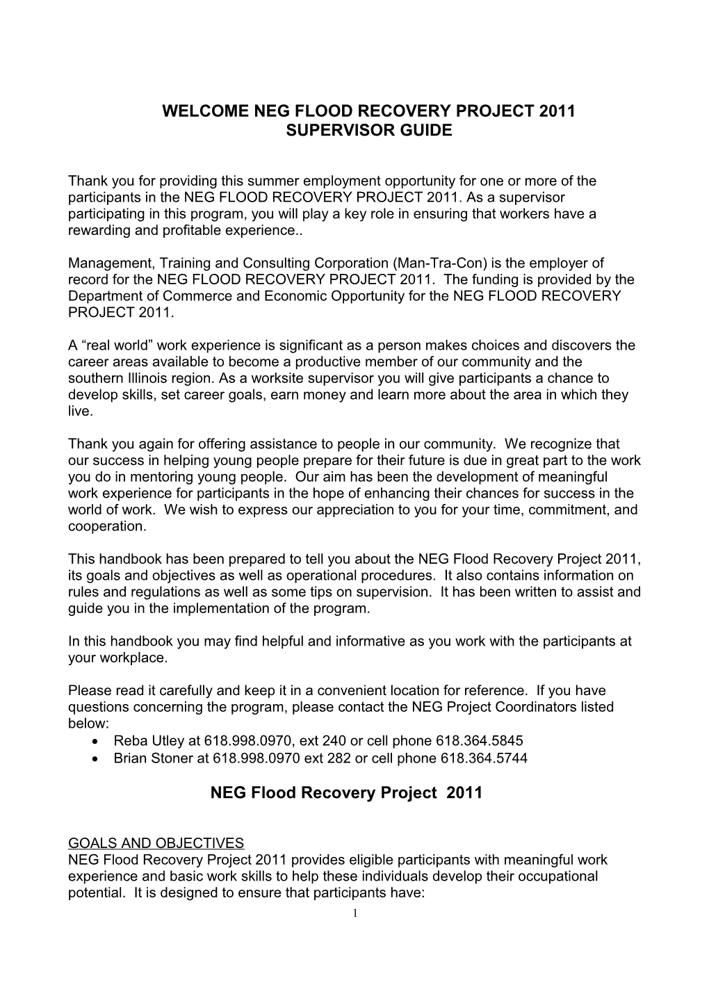 NEG Flood Recovery Project Supervisor Guide