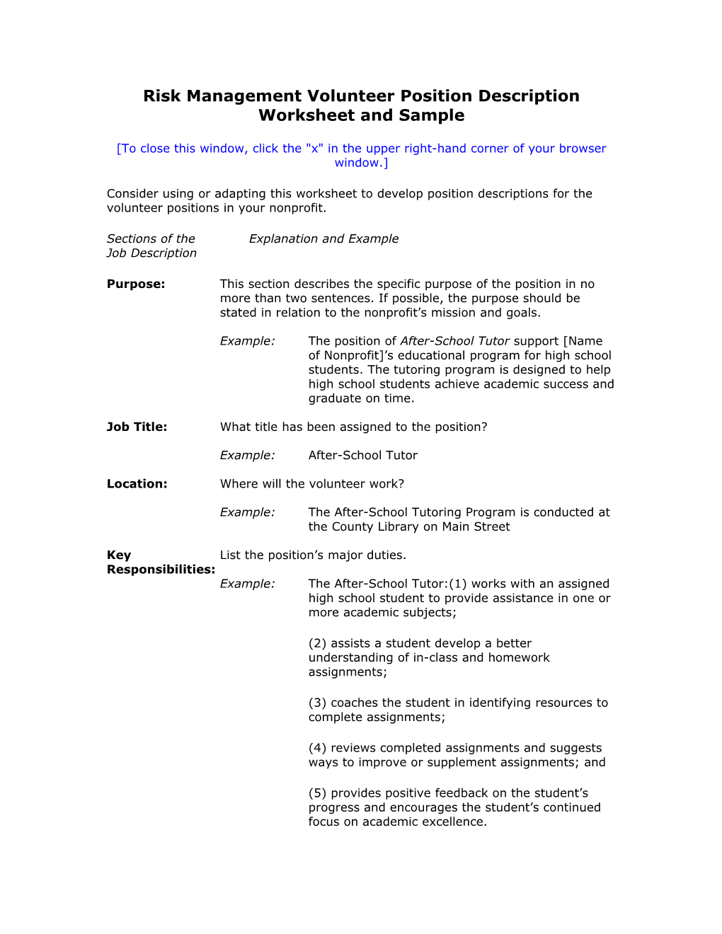 Volunteer Position Description Worksheet and Sample