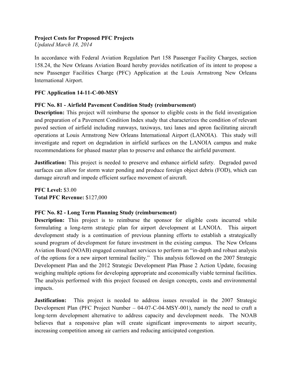 Project Costs for Proposed PFC Projects