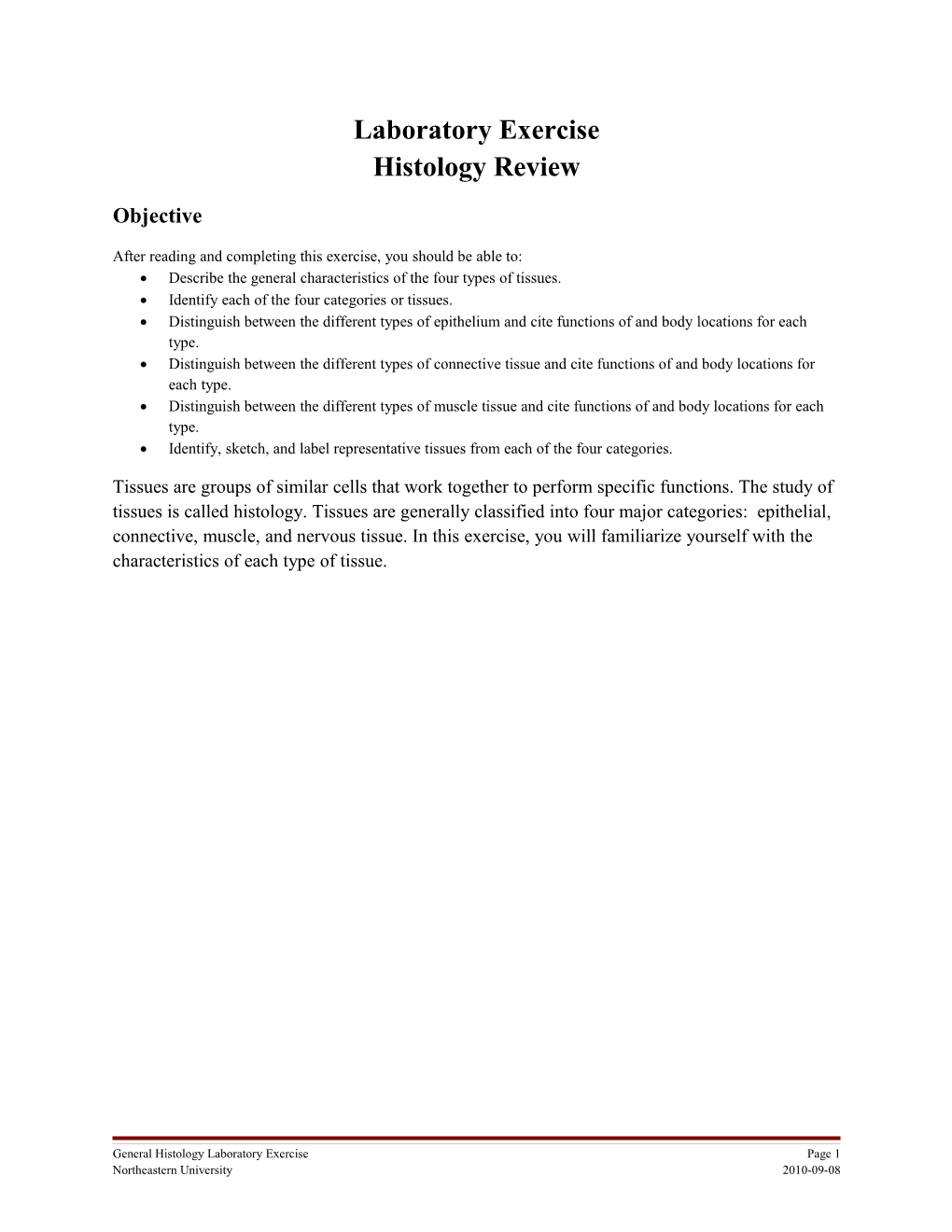 Laboratory Exercise Histology Review