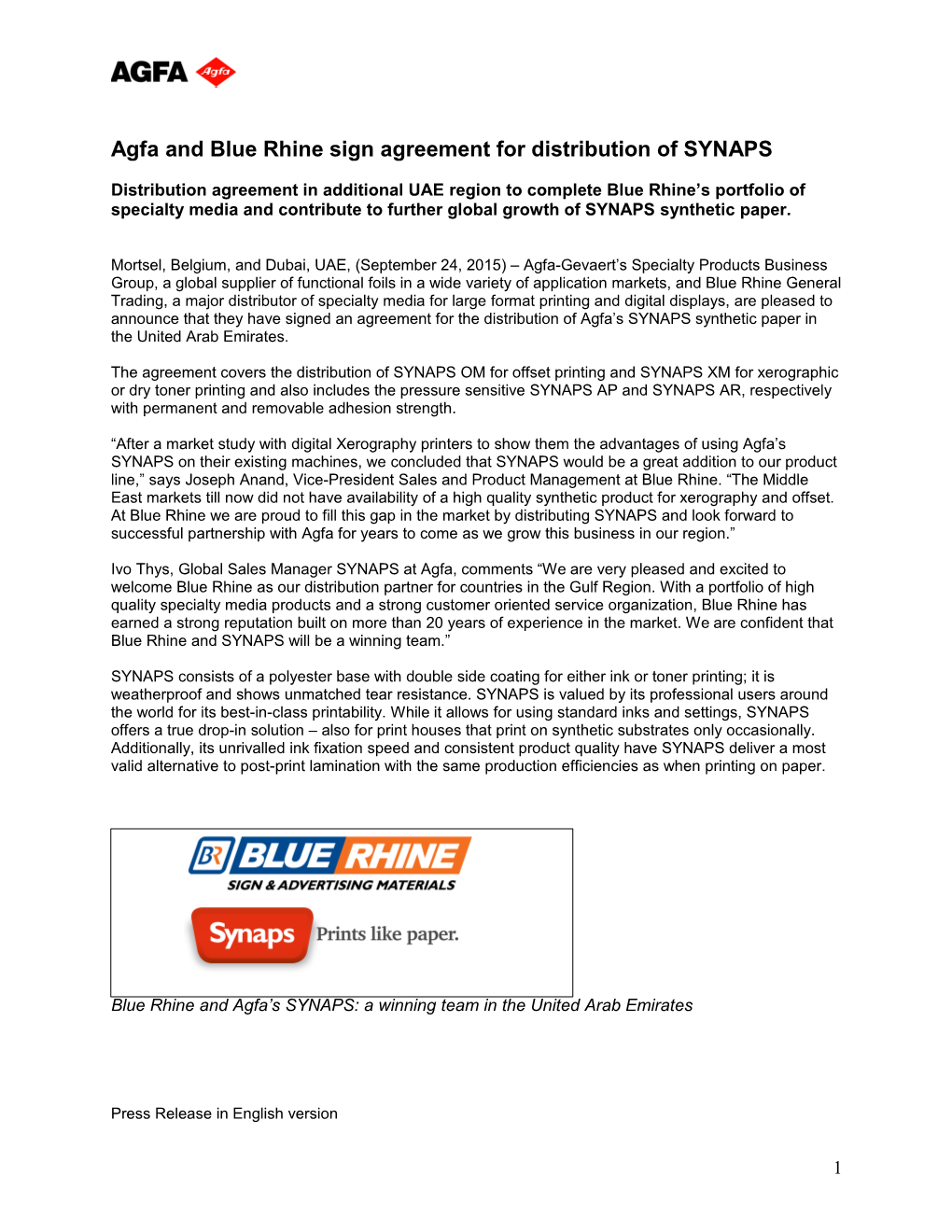 Agfa and Blue Rhine Sign Agreement for Distribution of SYNAPS