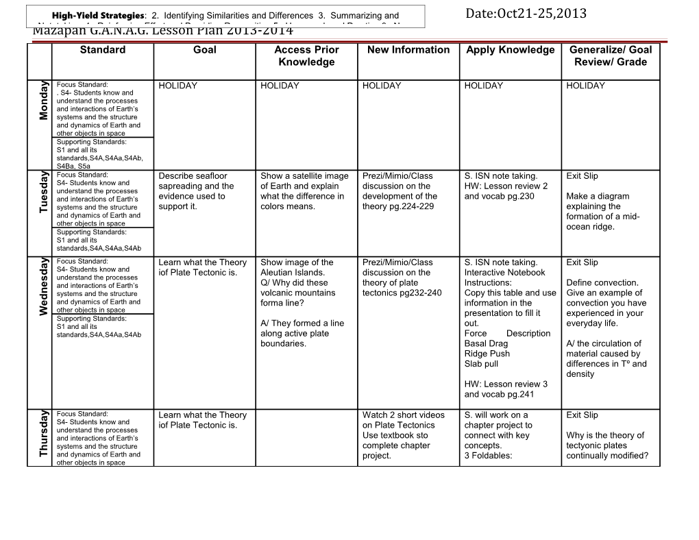 Teacher: E. Vásquezsubject: Earth Science Date:Oct21-25,2013