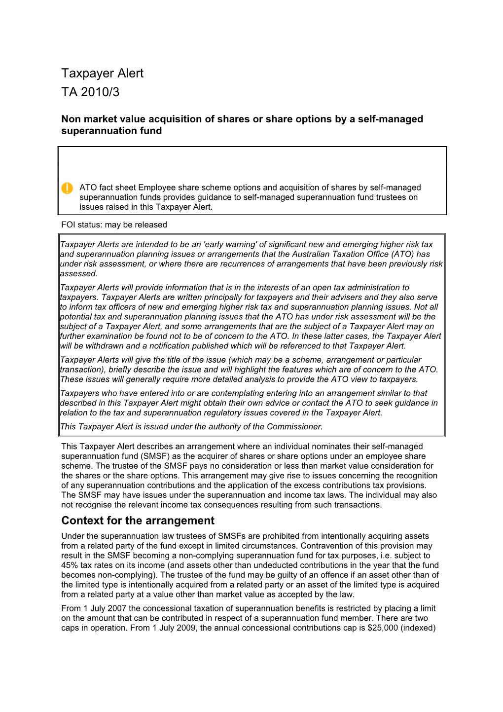 Non Market Value Acquisition of Shares Or Share Options by a Self-Managed Superannuation Fund