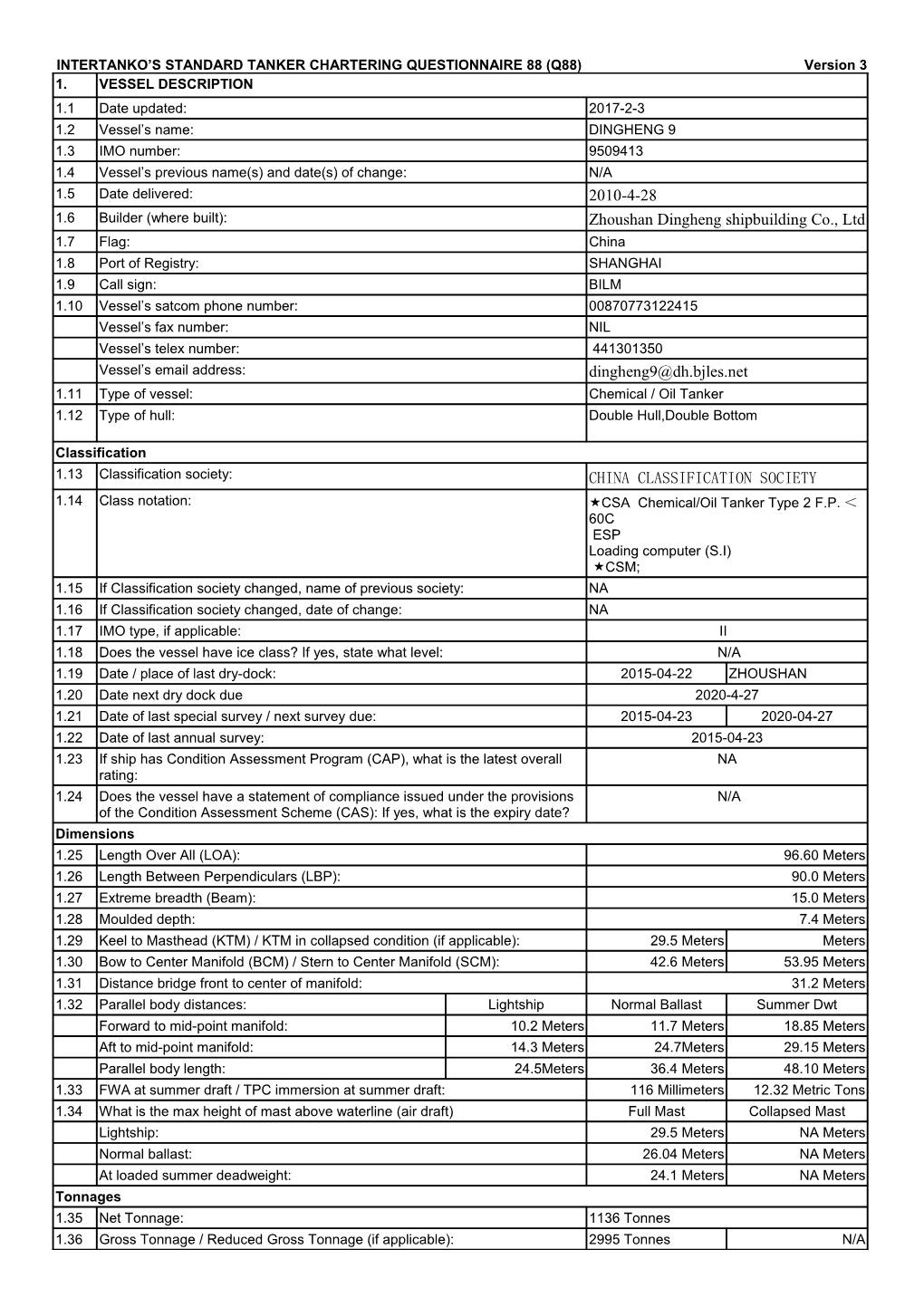 INTERTANKO S STANDARD TANKER CHARTERING QUESTIONNAIRE 88 (Q88)Version 3