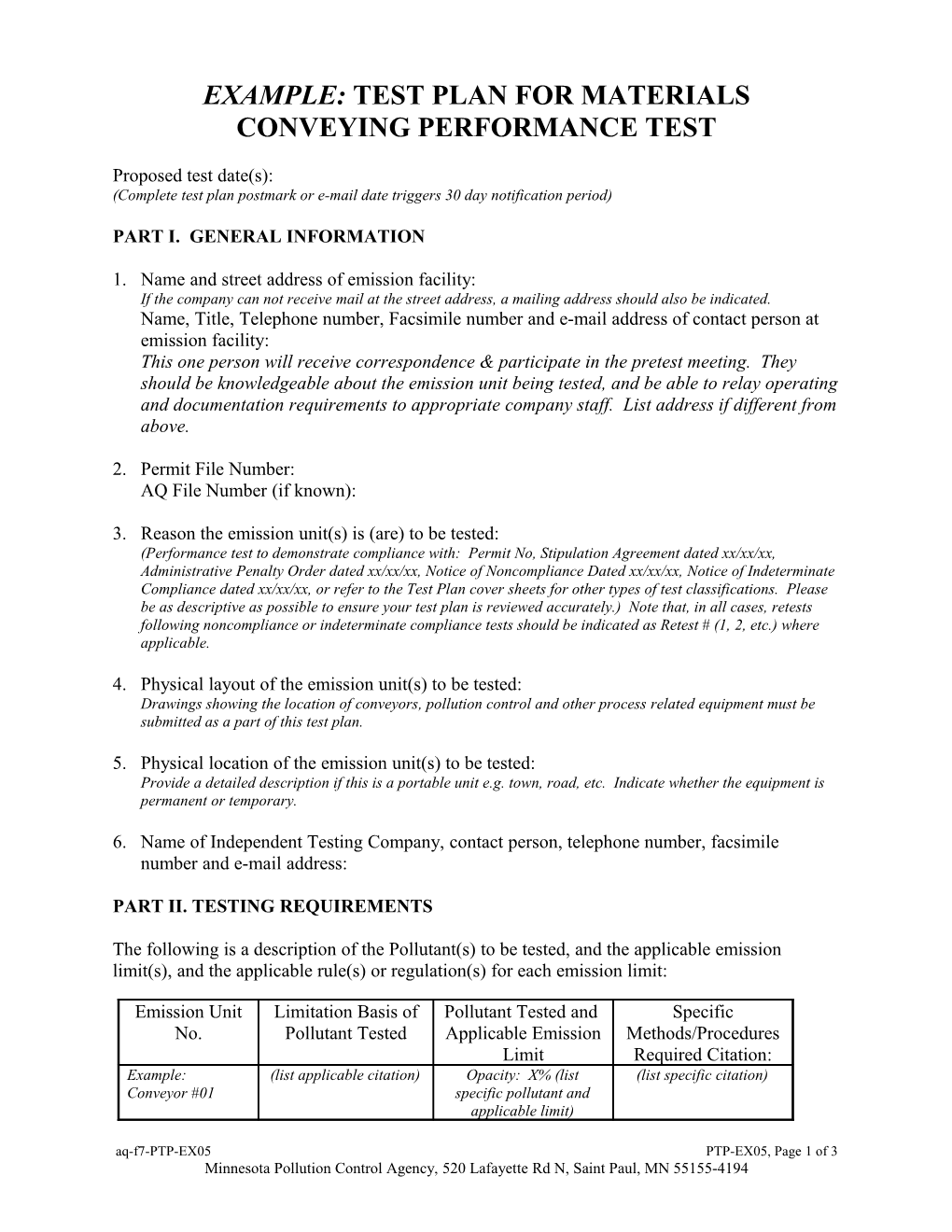 Test Plan for Materials Conveying Performance Test