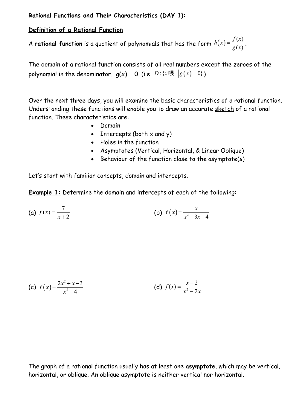 Rational Functions and Their Characteristics (DAY 1)