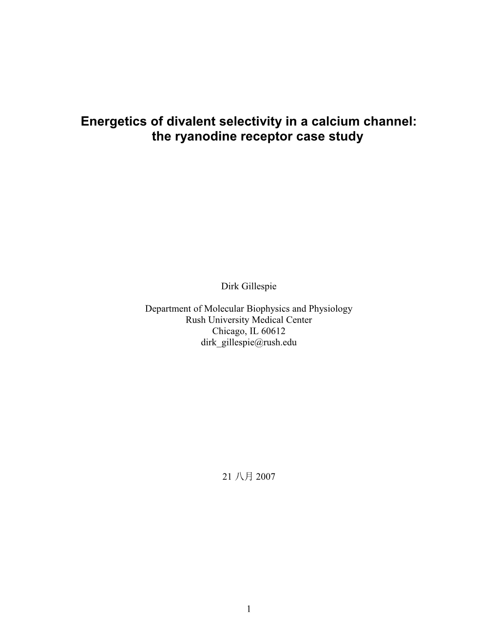 Energetics of Calcium Selectivity in a Calcium Channel: the Ryanodine Receptor Case Study