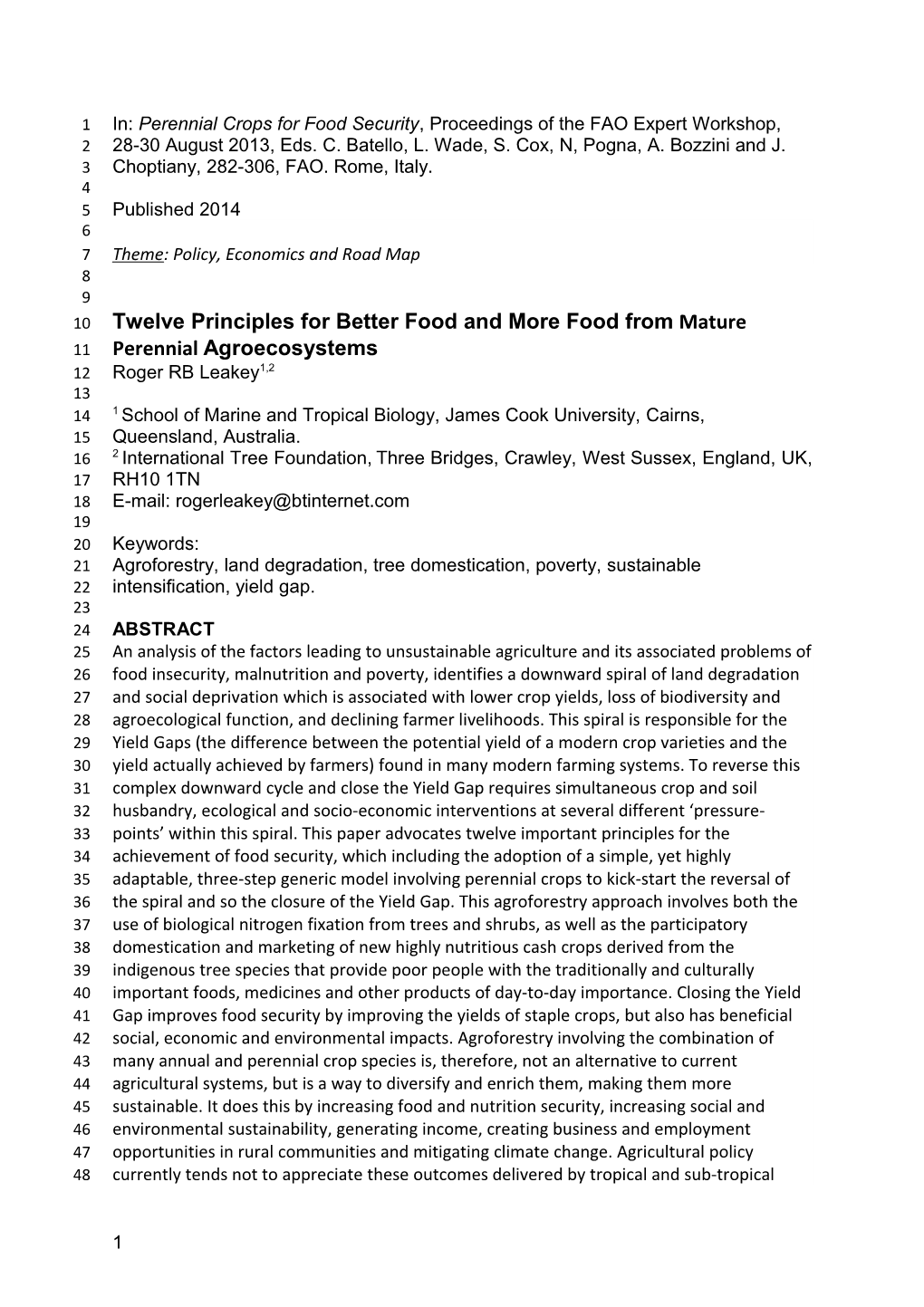 Twelve Principles Forbetter Food and More Food from Mature Perennial Agroecosystems