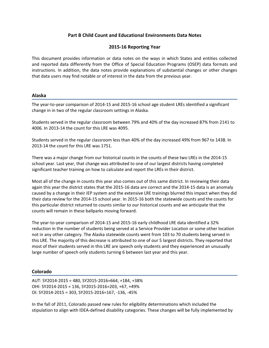 Part B Child Count and Educational Environments Data Notes