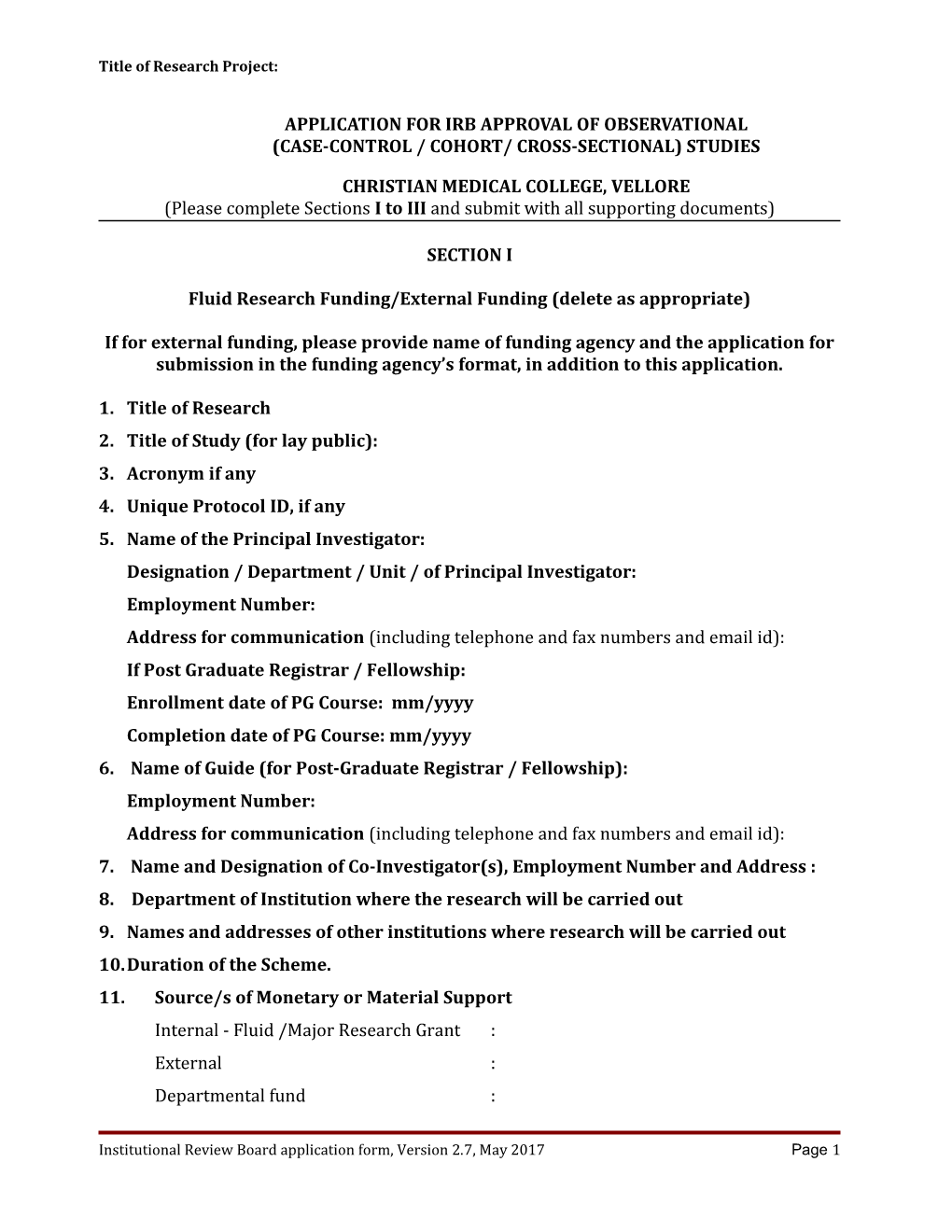 Application for IRB Approval of Observational (Case-Control, Cohort Or Cross-Sectional) Studies