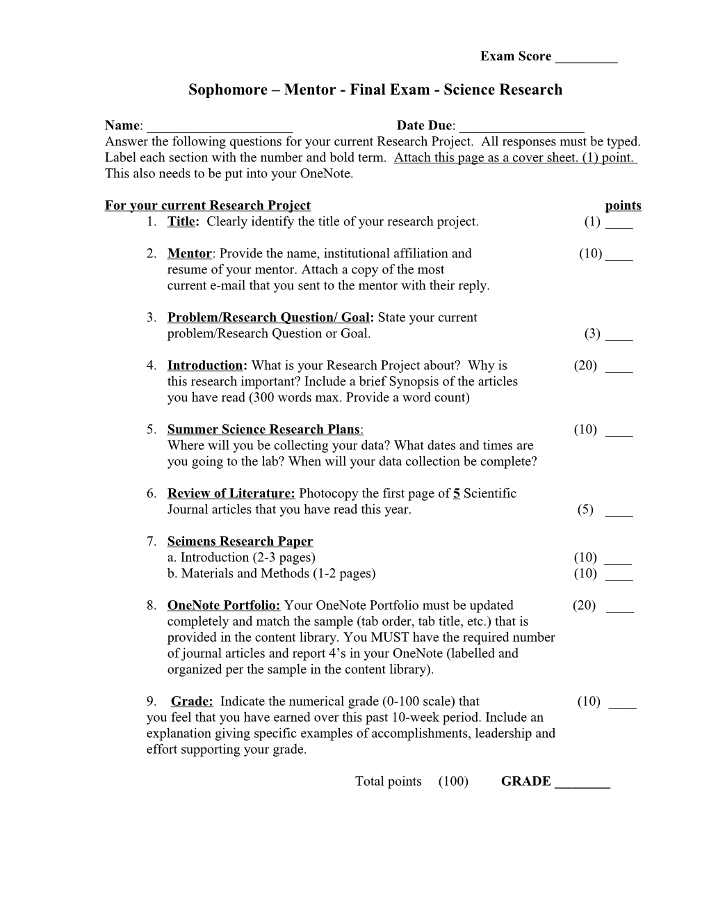 Sophomore Mentor - Final Exam - Science Research