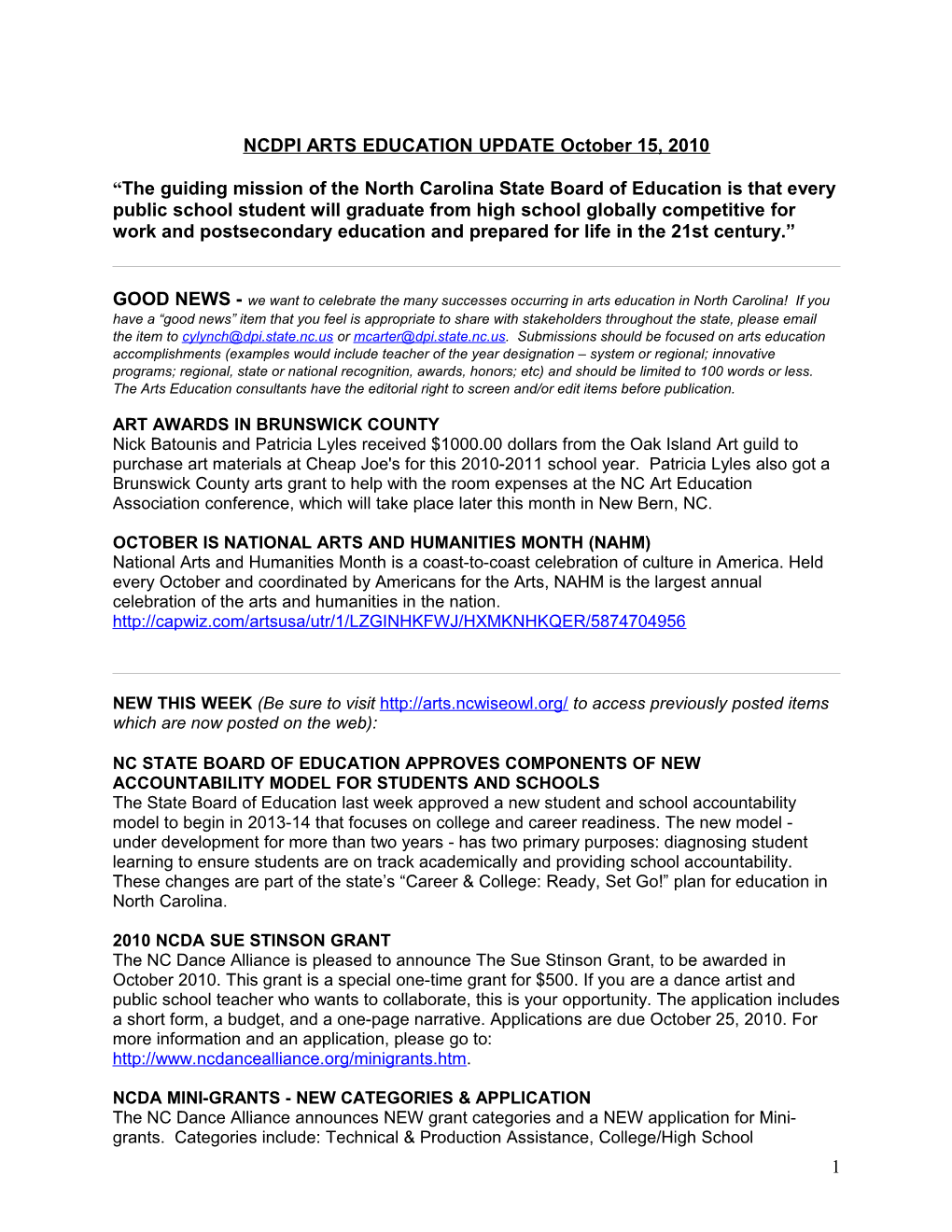 NCDPI ARTS EDUCATION UPDATE May 2, 2008 s2