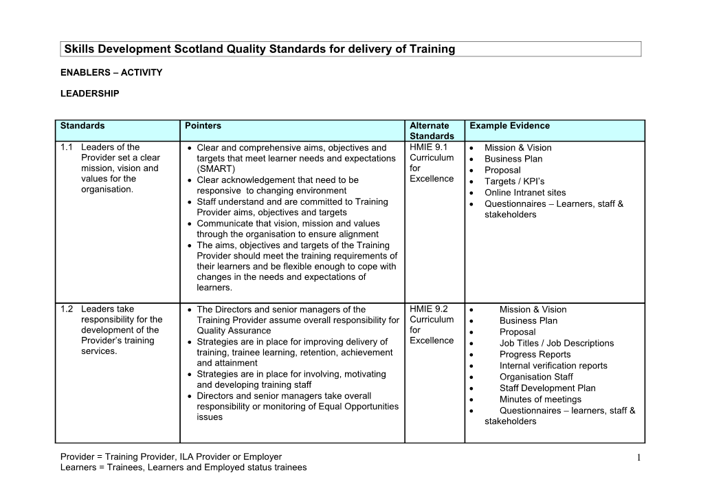 Skills Development Scotland Quality Standards for Delivery of Training