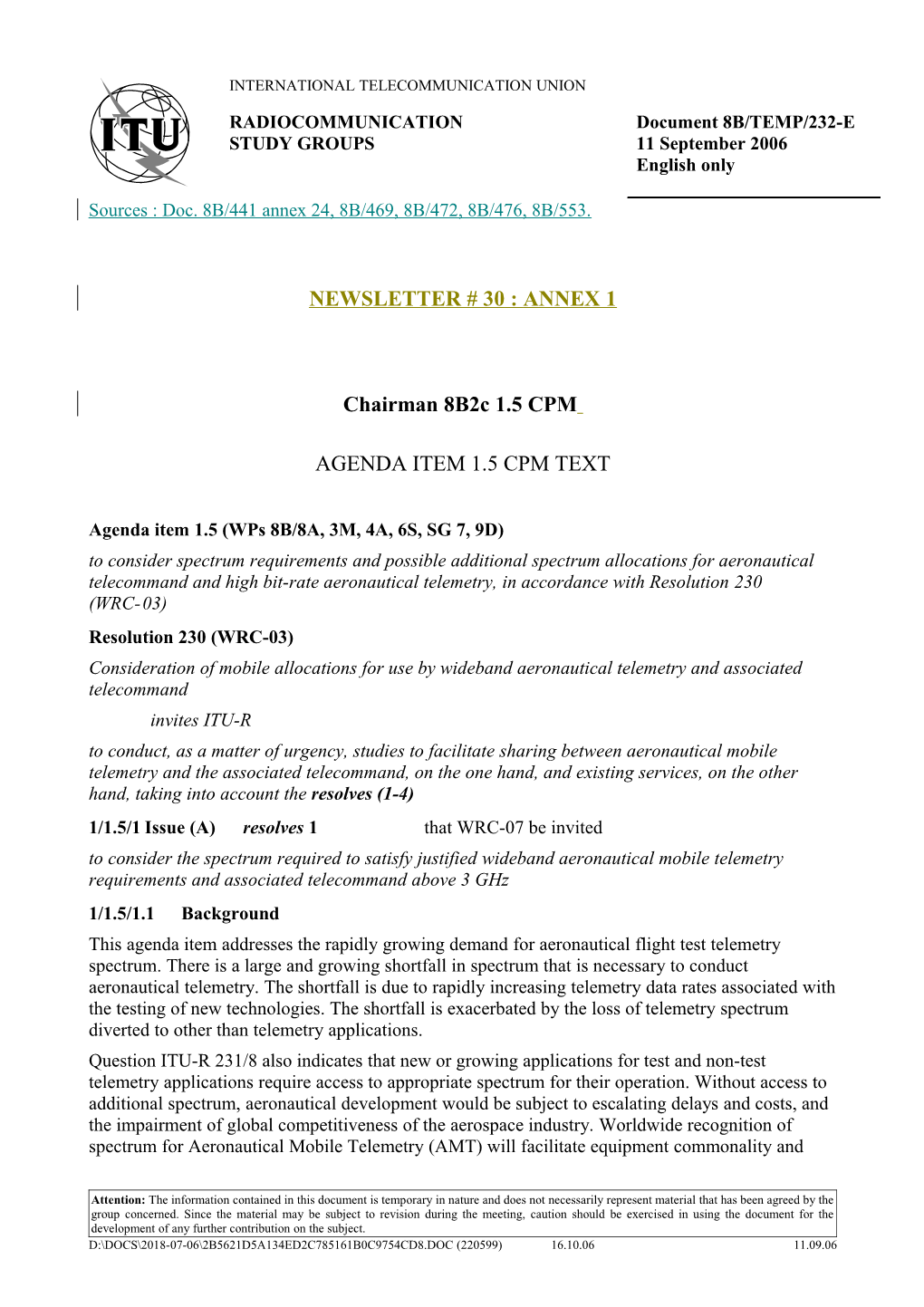 Sources : Doc. 8B/441 Annex 24, 8B/469, 8B/472, 8B/476, 8B/553