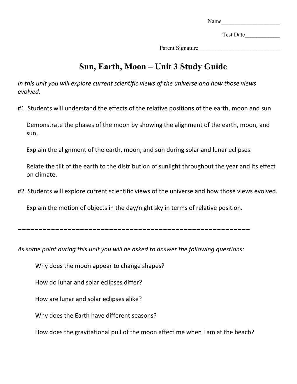 Sun, Earth, Moon Unit 3 Study Guide