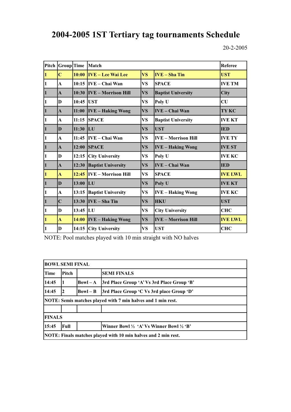 2004-2005 First Tertiary Tag Tournaments Schedule