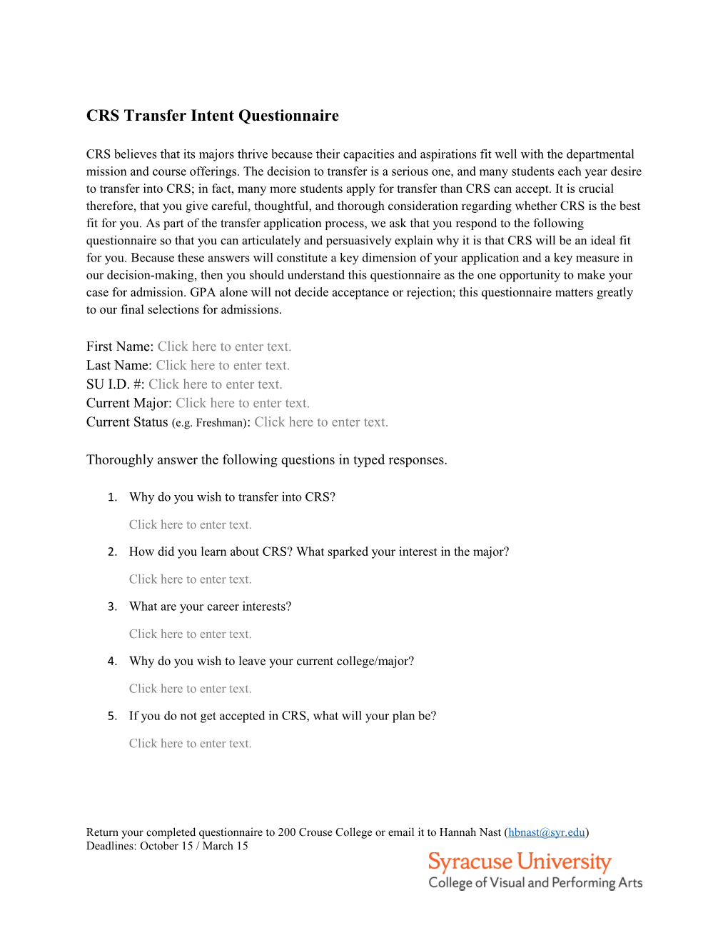 CRS Transfer Intent Questionnaire