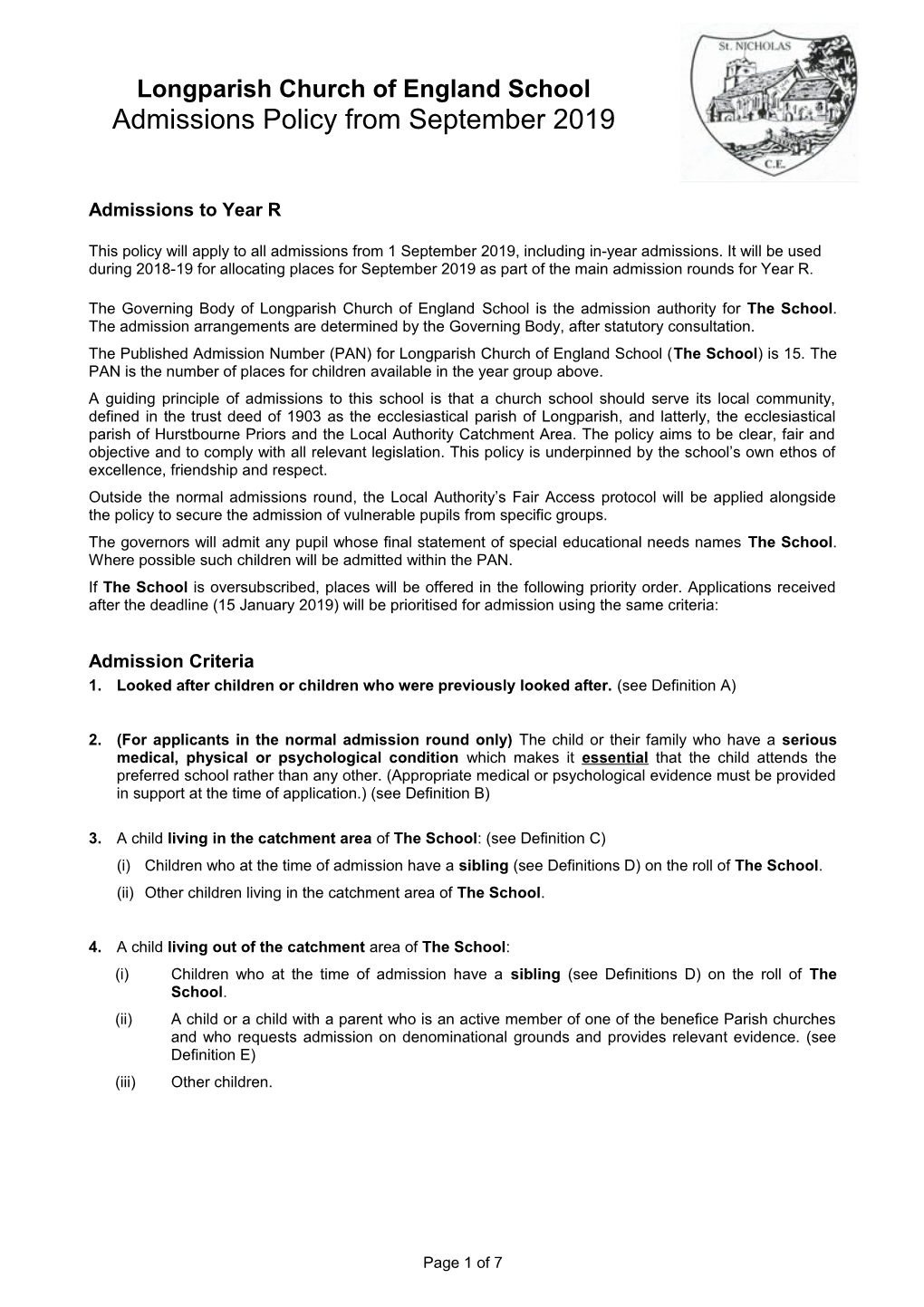 Longparish Church of England School Admissions Policy from September 2019