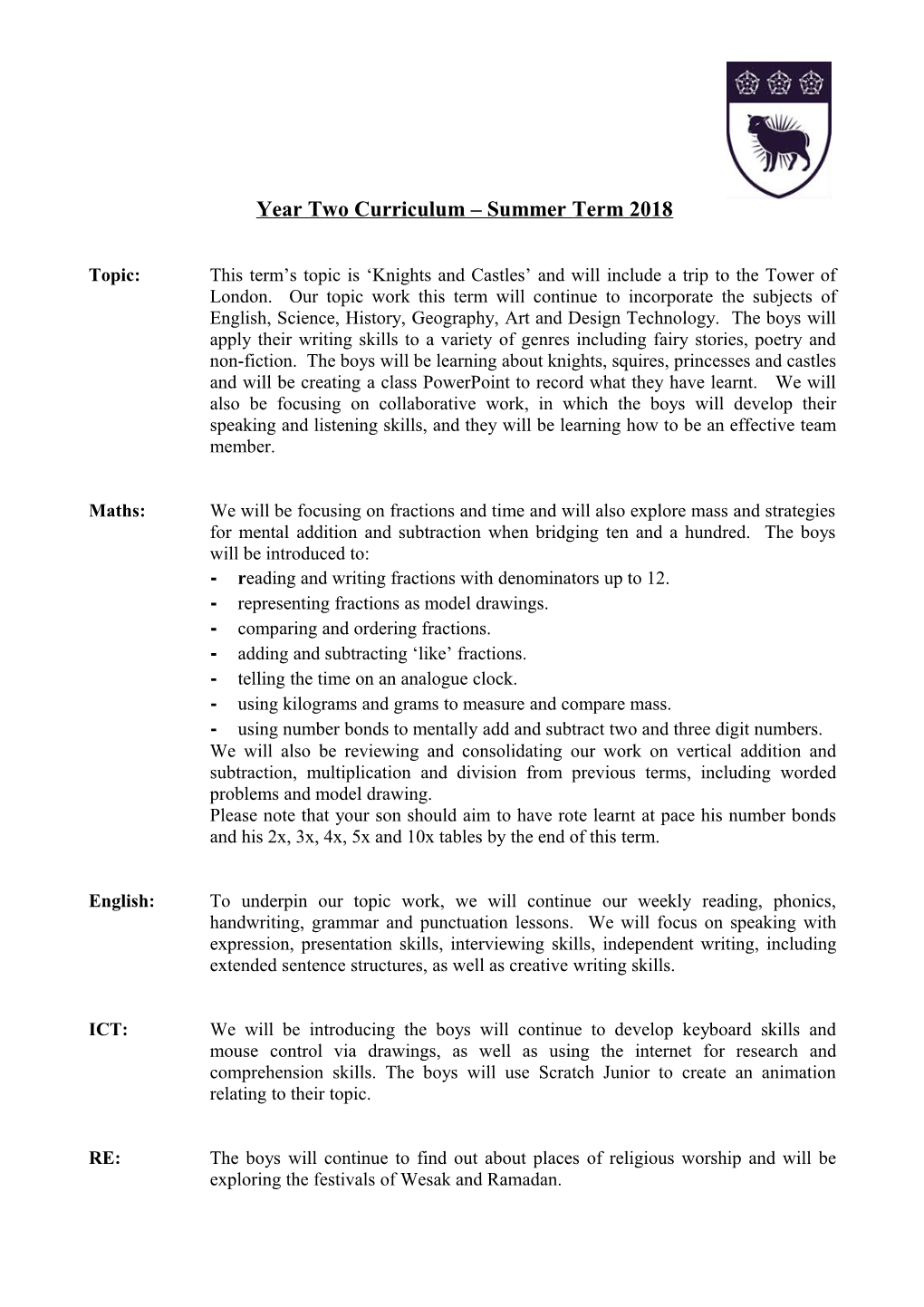 Year Two Curriculum Summer Term 2018