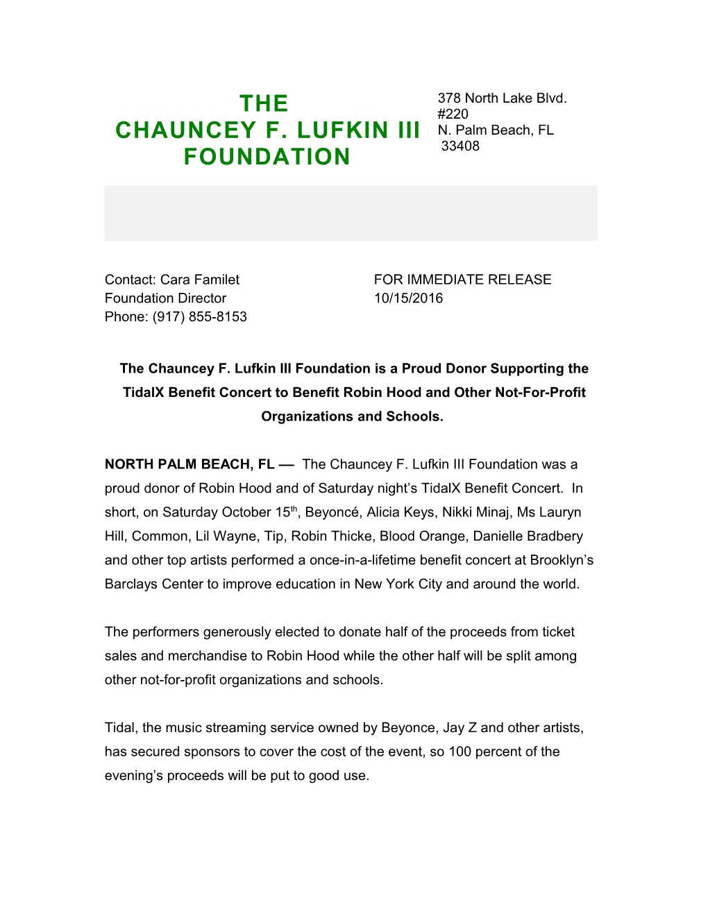 The Chauncey F. Lufkin III Foundation Is a Proud Donor Supporting the Tidalx Benefit Concert