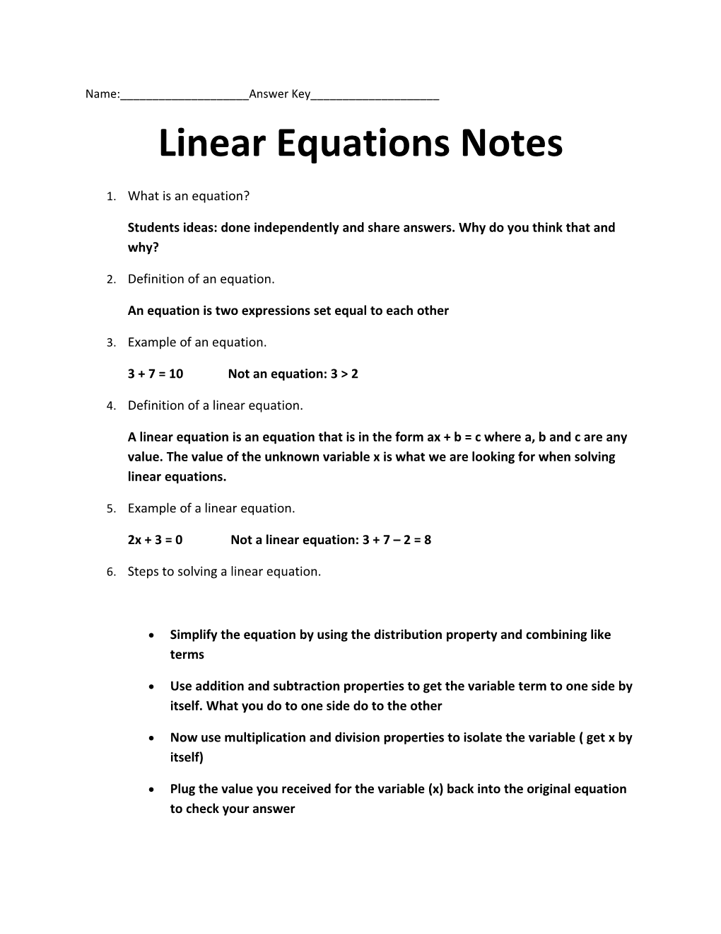 Linear Equations Notes