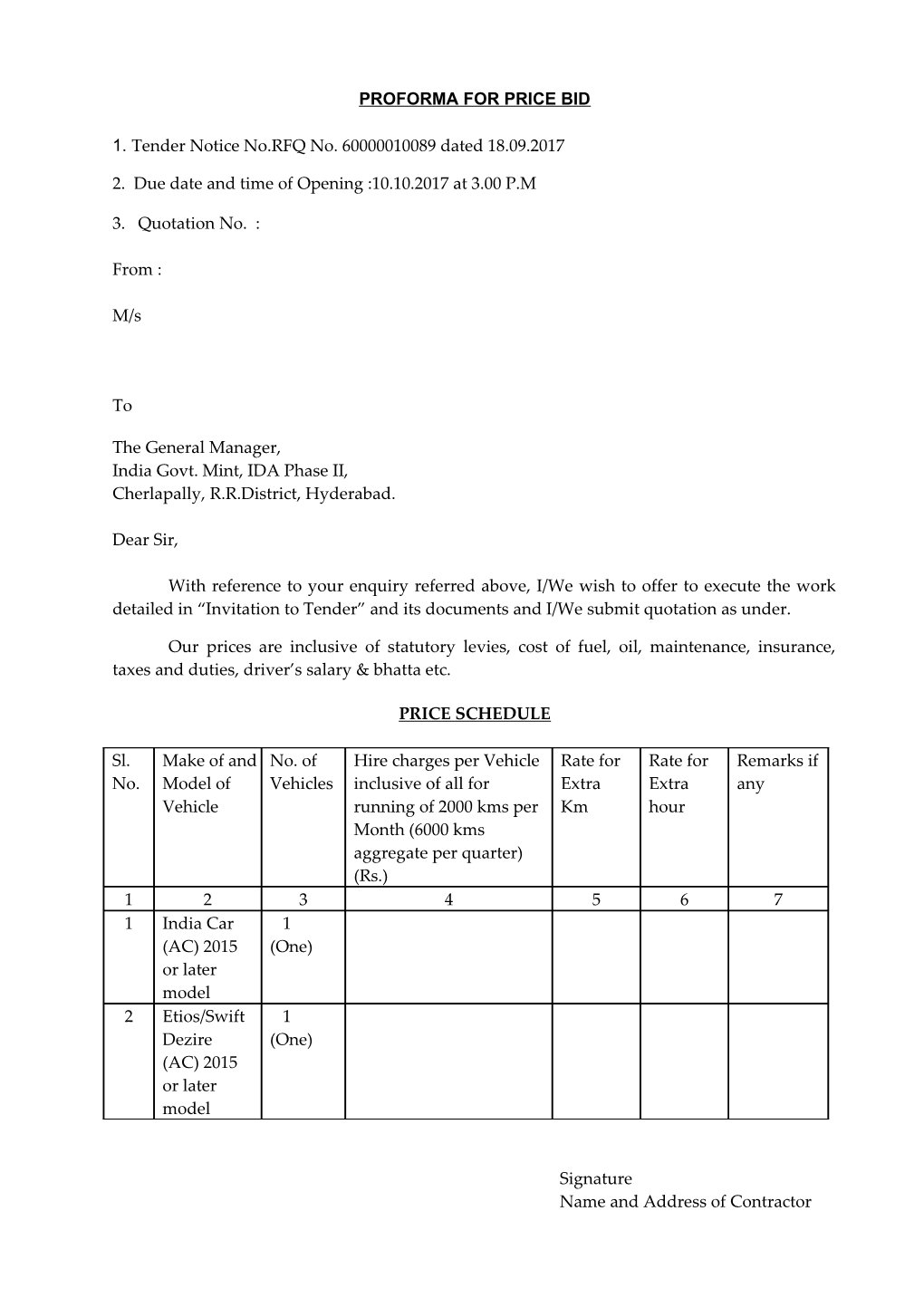 Proforma for Price Bid