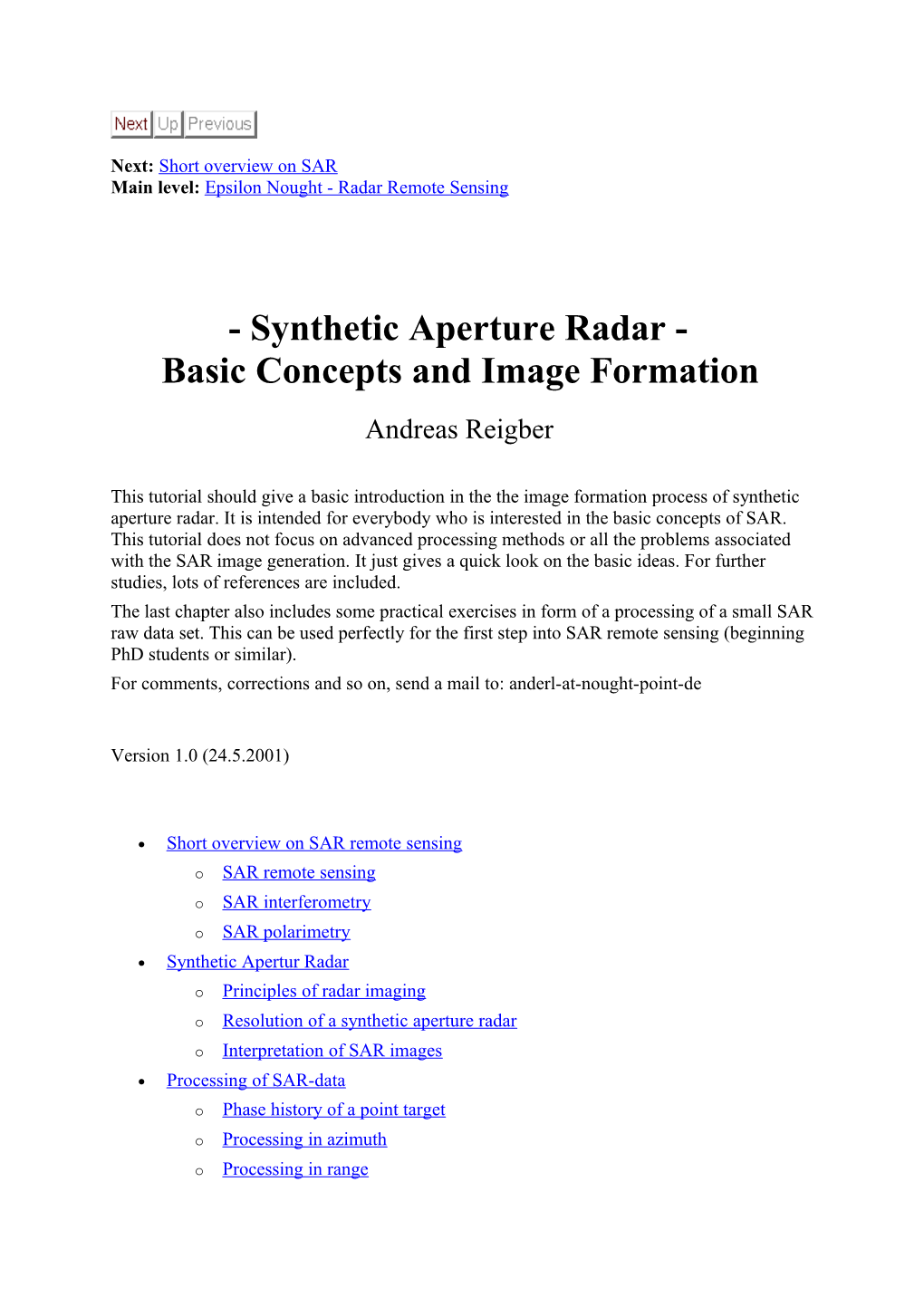 Synthetic Aperture Radar - Basic Concepts and Image Formation Andreas Reigber