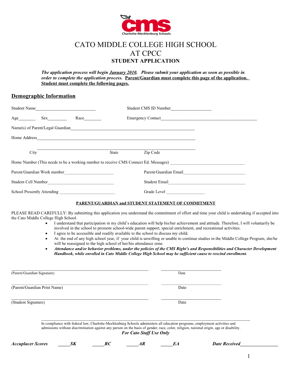 Cato Middle College High School Student Application