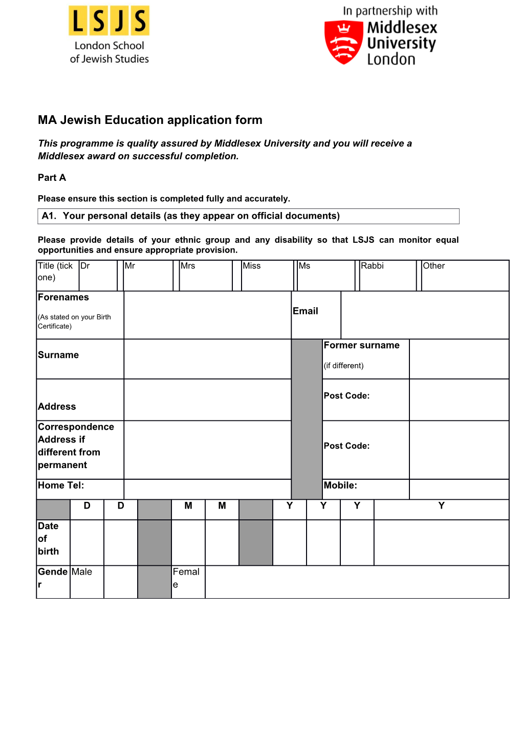 MA Jewish Education Application Form