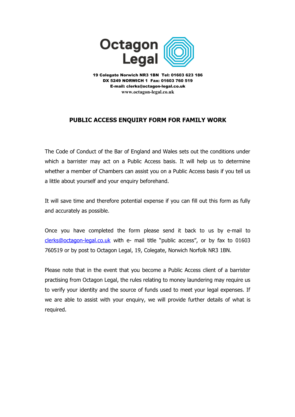 Public Access Enquiry Form for Family Work