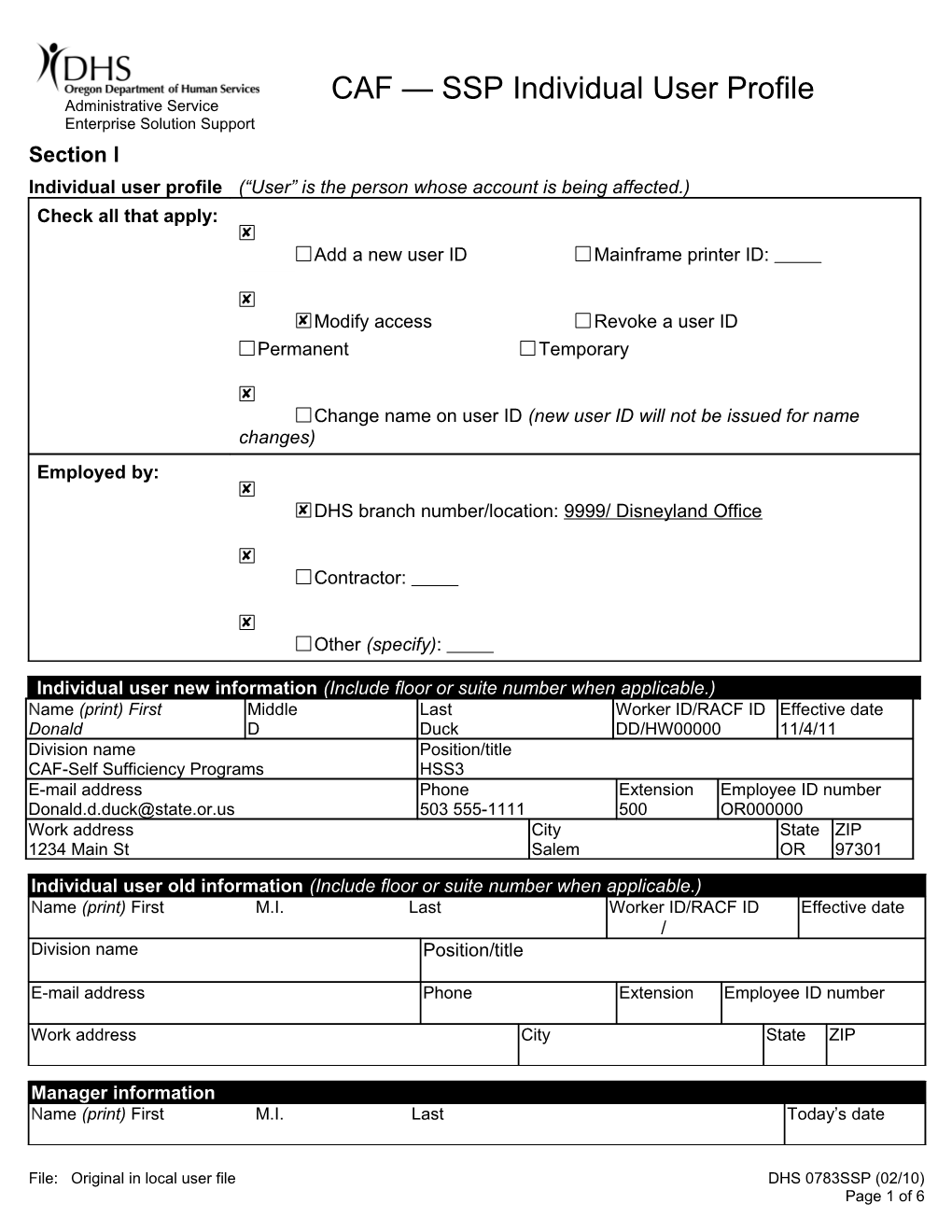 CAF - SSP Individual User Profile 02/10 DHS 783SSP