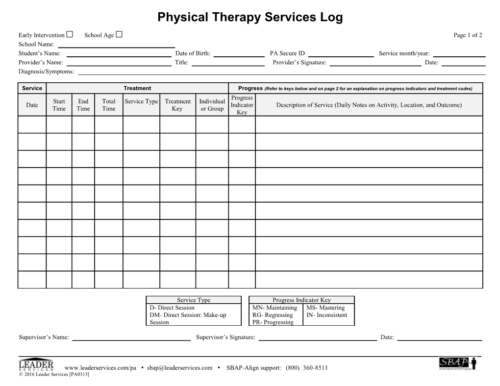 Physical Therapy Services Log