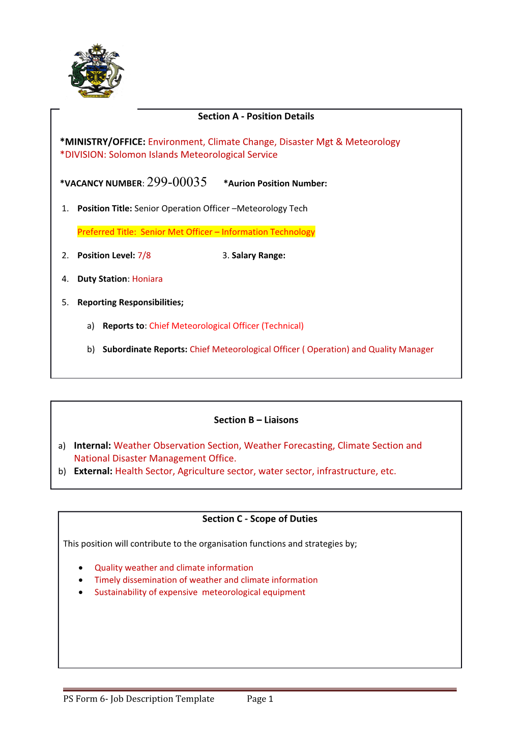 Position Title:Senior Operation Officer Meteorology Tech