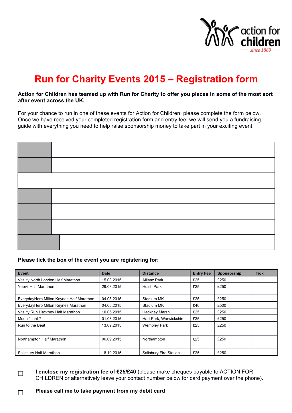 Run for Charity Events 2015 Registration Form