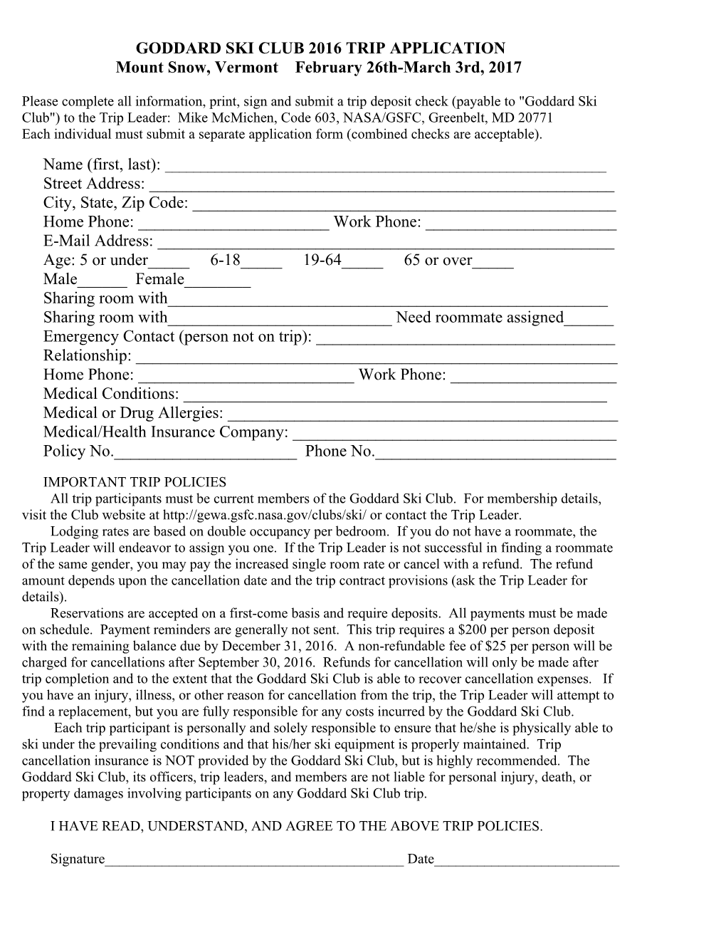 Goddard Ski Club 2002-2003 Trip Application