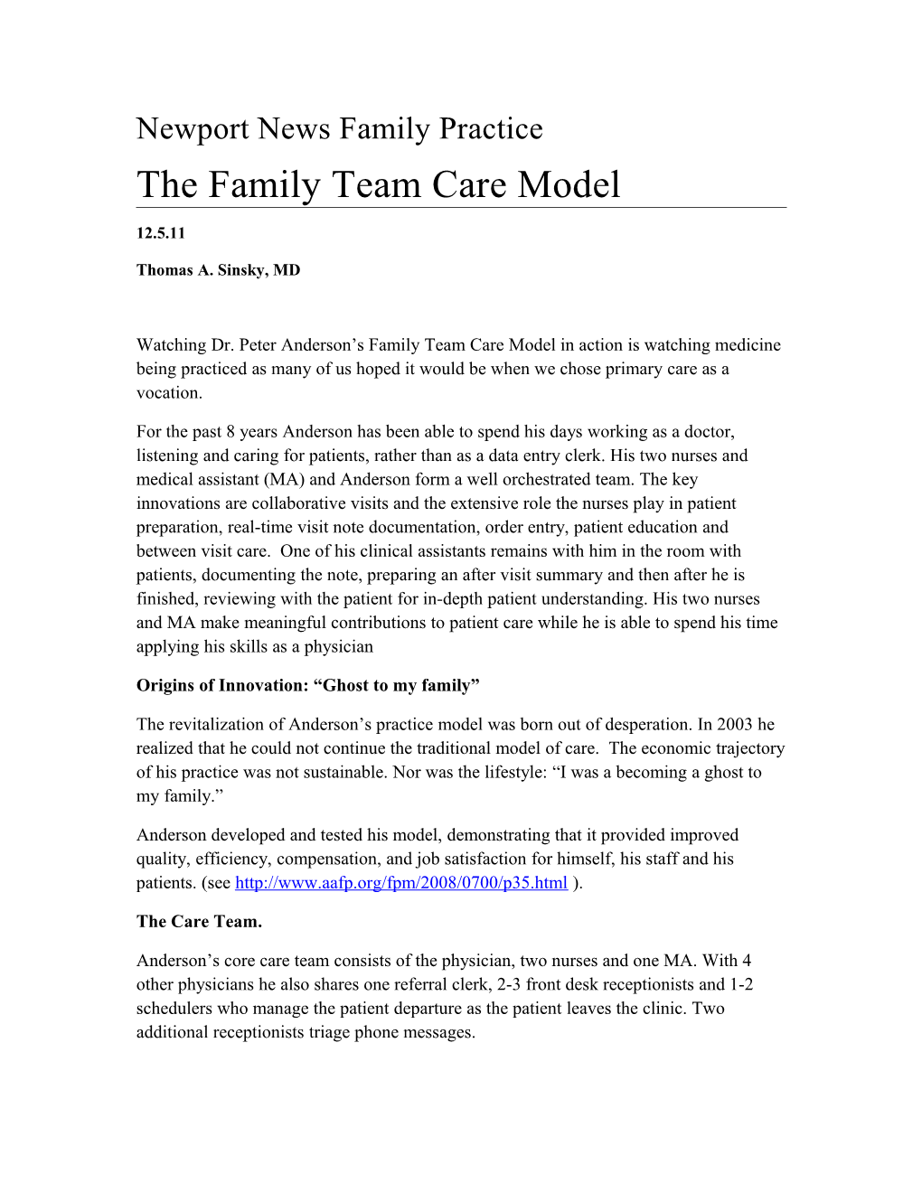 Peter Anderson the Family Team Care Model