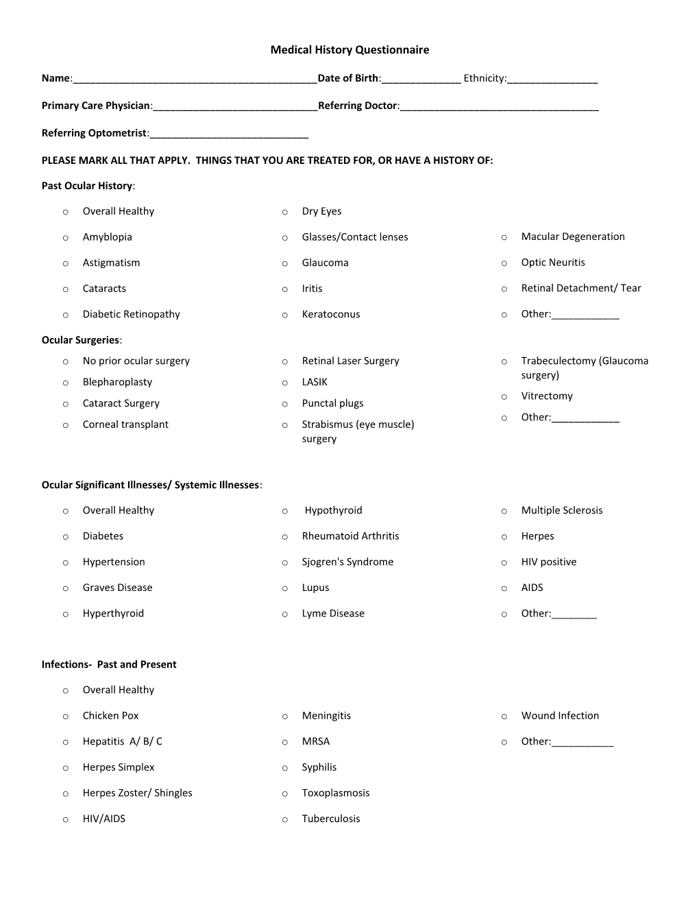 Medical History Questionnaire