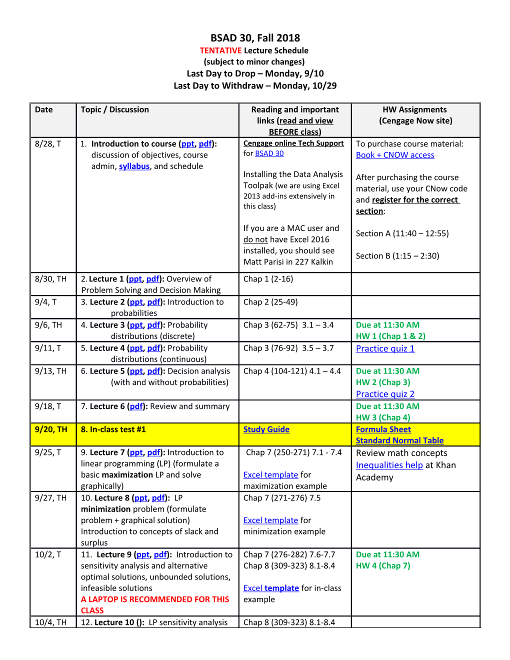 TENTATIVE Lecture Schedule OPIM 222, Fall 2001