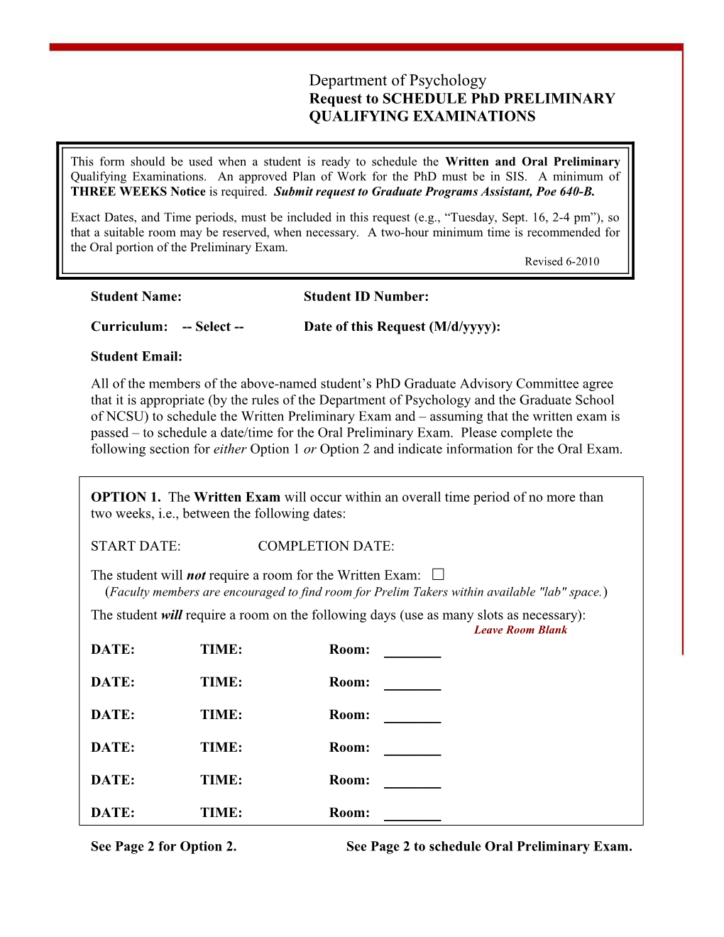 Request to SCHEDULE Phd PRELIMINARY QUALIFYING EXAMINATIONS