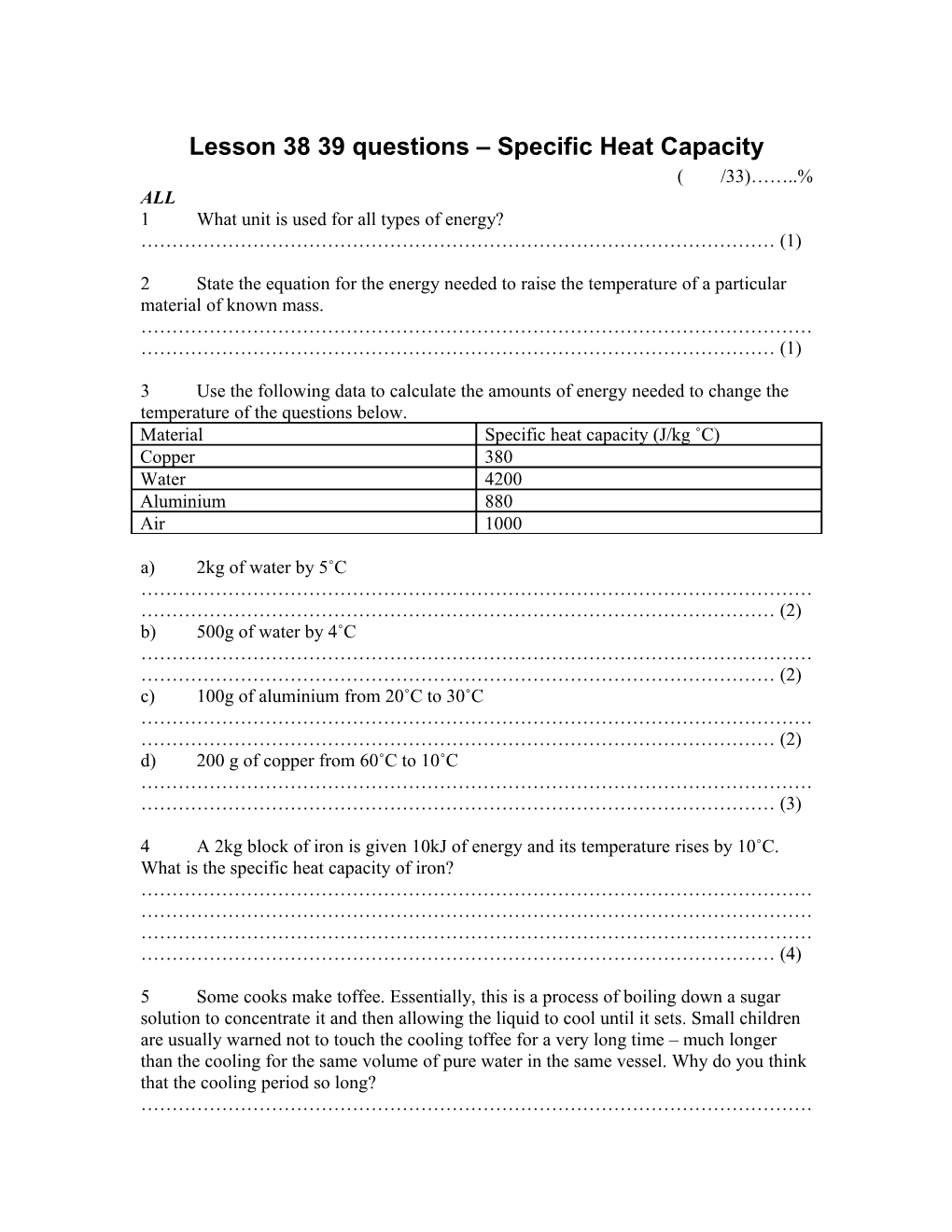 Lesson 38 39 Questions Specific Heat Capacity
