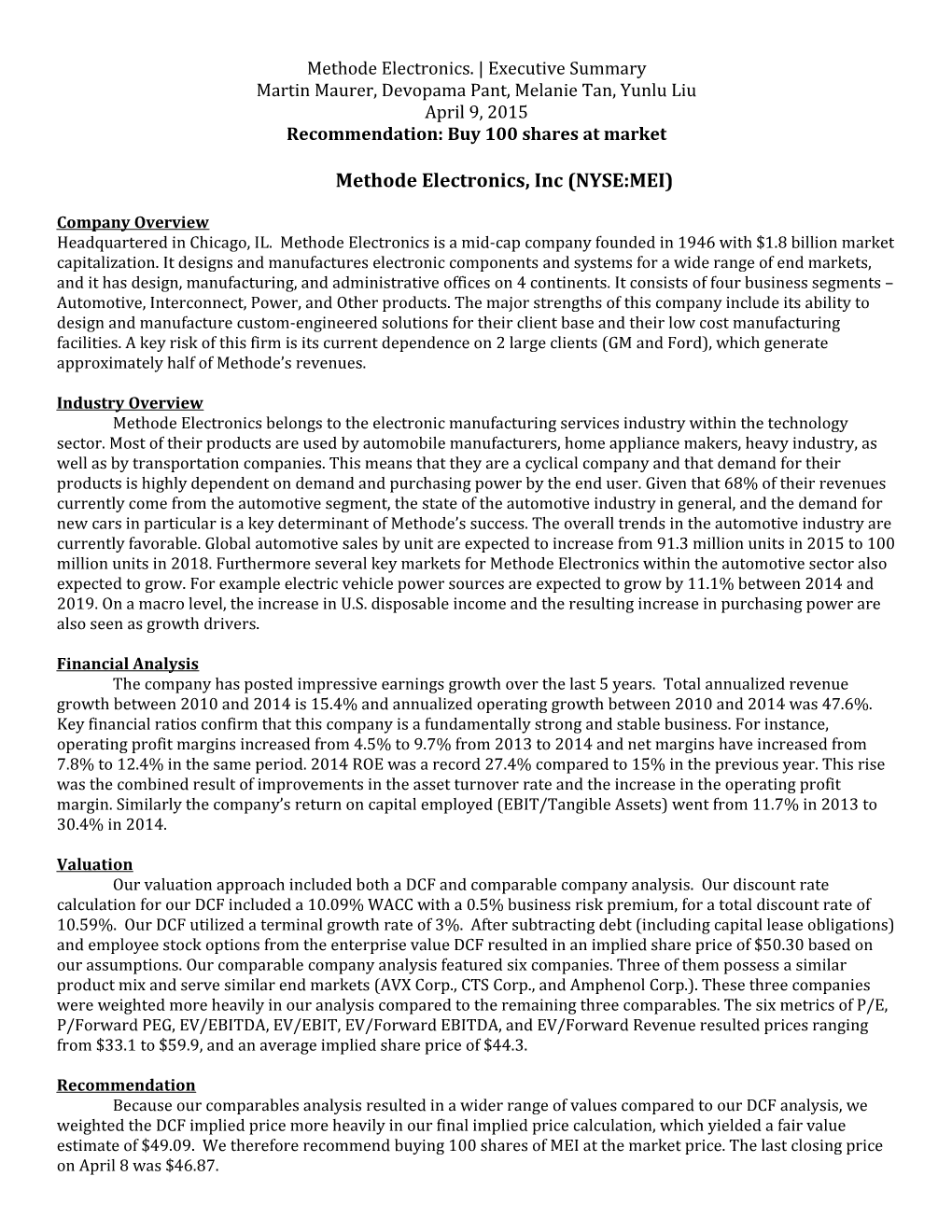 Methode Electronics. Executive Summary